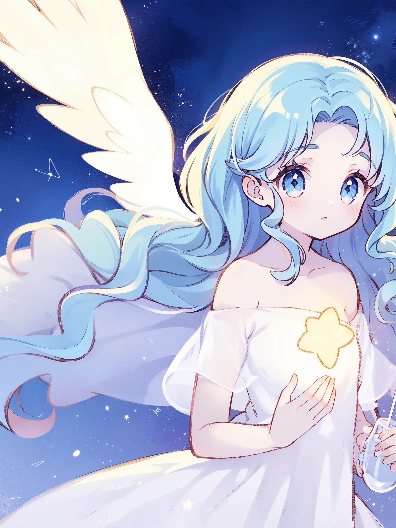 angel girl wearing an ethereal translucent dress, pale skin, ((wavy blue hair)), white feathers, angel wings, sparkling detailed eyes, golden ratio face, perfect composition, highly detailed, ethereal, (starry night sky background), midjourney style