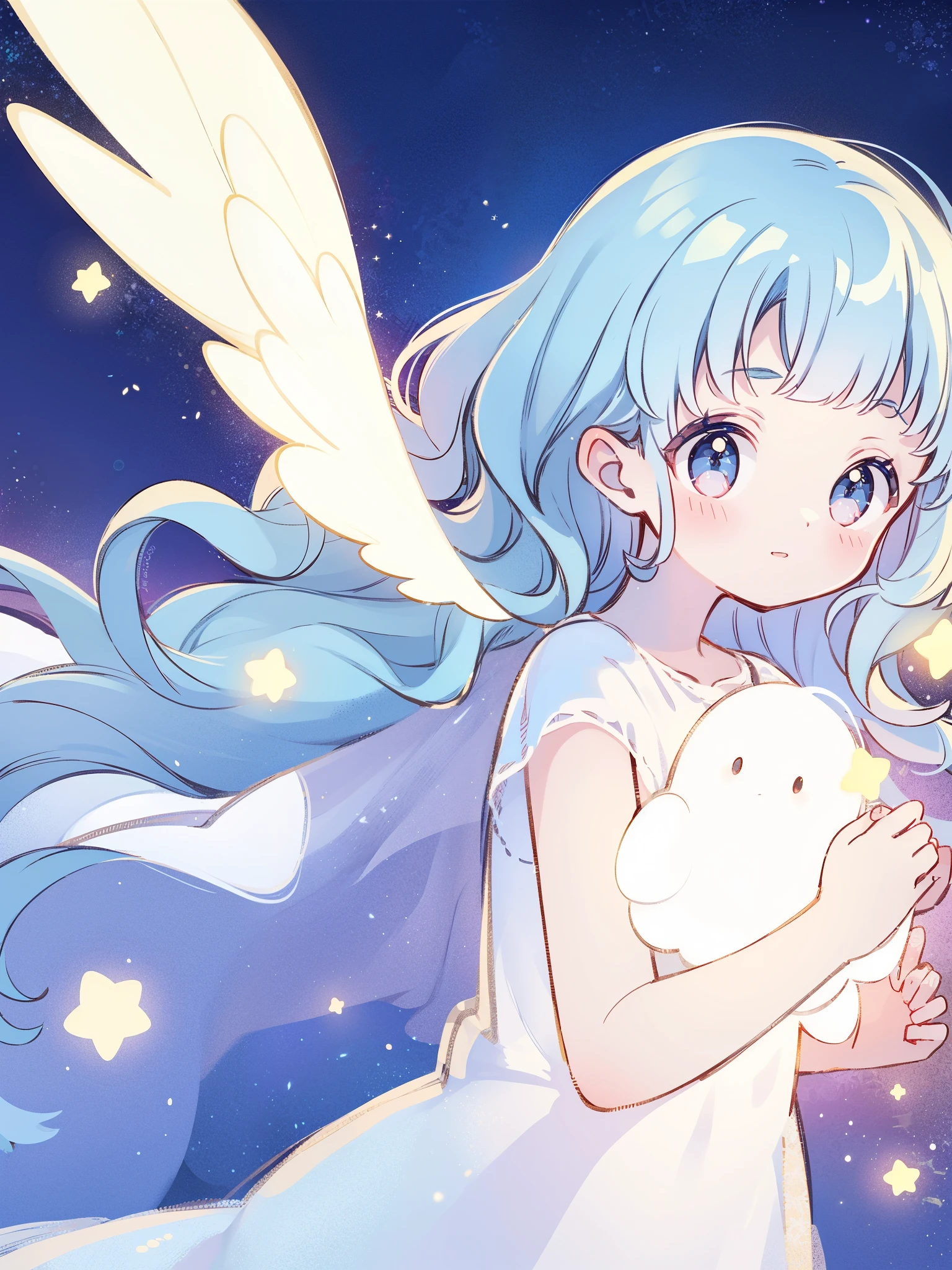 angel girl wearing an ethereal translucent dress, pale skin, ((wavy blue hair)), white feathers, angel wings, sparkling detailed eyes, golden ratio face, perfect composition, highly detailed, ethereal, (starry night sky background), midjourney style