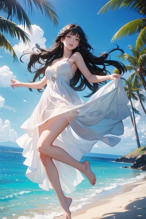 (Highest quality、masterpiece、High resolution、8K)、Vibrant colors、1 Female、Long black hair、barefoot、A woman in a white dress jumps high、Official Art、The background is the sea、blue sky、Wide sandy beach、Wide forest、