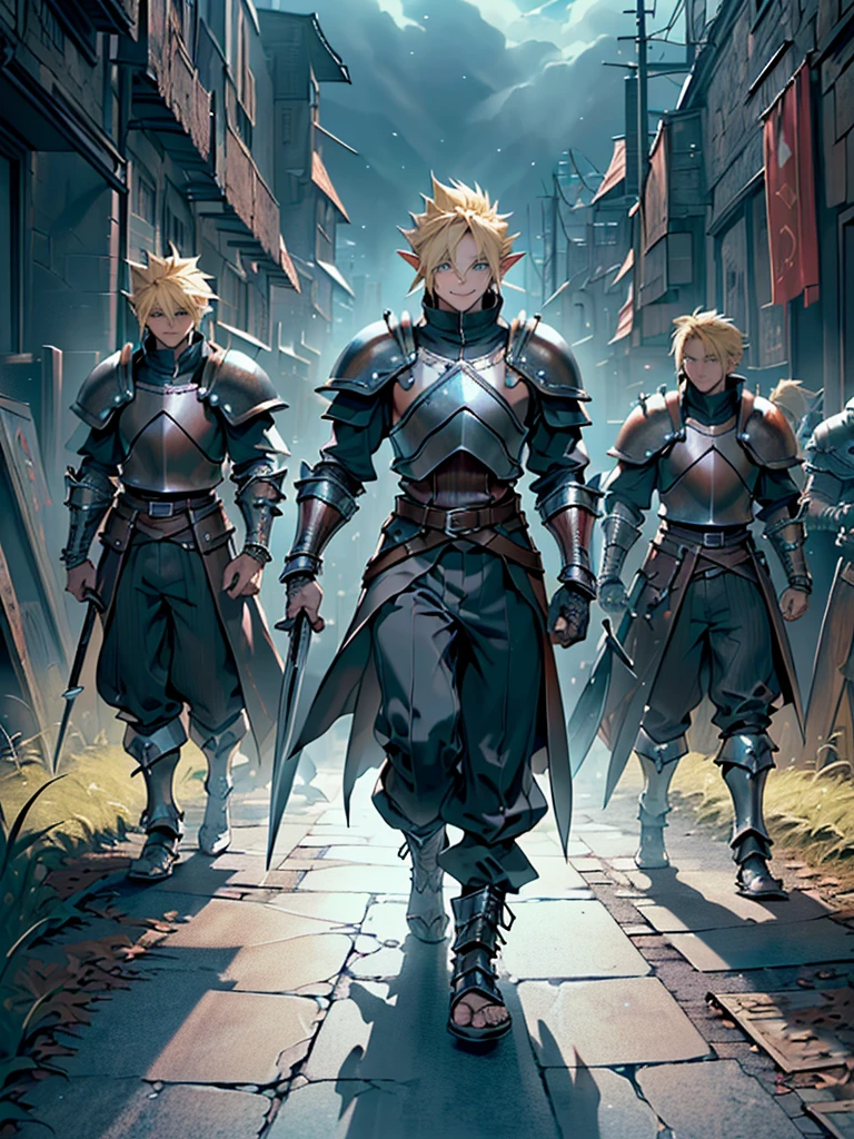 (((Masterpiece of the highest quality))), (((medieval fantasy))), (((Extreme details))), ((medieval fantasy swordsman)), ((based on cloud strife)), (medieval punk), ((fantasy great sword)), (((ultra detailed))), (solo) (((male))), ((male elf)), ((A 25 year old elf.))), (175 cm tall), ((blonde short spiky hair)), ((Brown eyes)), ((Exquisite and detailed face and eyes)), ((detailed expressive eyes)), ((Perfect eyes)), ((perfect detailed hands)), ((smiling rage expression)), ((medieval half steel half black letter armor)), ((holding a great broadsword in his hands)), ((detailed great sword)), (((4k))), ((Additional quality)), (Additional details), ((exquisite eyes)), ((dynamic battle pose)), ((battle Background)), ((cinematic lighting)), (((full body))), ((extreme care to detail)), ((movie effects)), (war zone background)