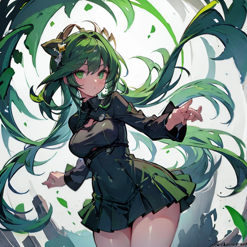 1girl, solo, long hair, breasts, looking at viewer, bangs, skirt, gloves, long sleeves, ribbon, hair between eyes, closed mouth, green eyes, hair ribbon, pantyhose, cowboy shot, hairband, small breasts, green hair, black gloves, black skirt, leotard, black leotard, brown pantyhose