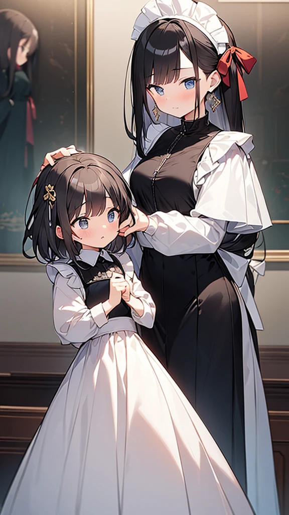 ((masterpiece)), (Highest quality、32k), (Simple style), (Faceless,Face peeling), 2 Girls, A faceless young lady and her maid with a young lady's face, Big Breasts, Big Swing Chest, Wearing a face stolen from someone else, Sexy body, Sleeveless, No sleeve, Off the shoulder, Black Dress, Pleated lace, Lace dress, black knee socks. Standing, whole body, both hands touch the face, Luxurious Room, {{A young lady who used her face-peeling ability to peel off the face of a young lady, leaving her face blank, and a maid who transplanted the peeled face onto her own face.}}, Browsing Caution, NSFW
