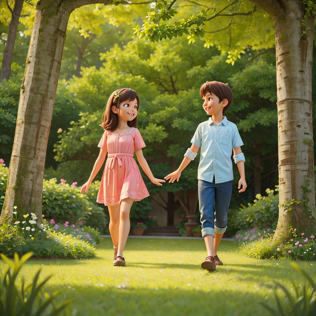 a beautiful young girl and a handsome young boy, smiling happily together in a lush, vibrant flower park, holding hands, embracing, surrounded by colorful blooming flowers, sunlight filtering through the trees, serene and peaceful atmosphere, (best quality,4k,8k,highres,masterpiece:1.2),ultra-detailed,(realistic,photorealistic,photo-realistic:1.37),intricate details, natural lighting, warm color palette, romantic, idyllic, outdoor scene