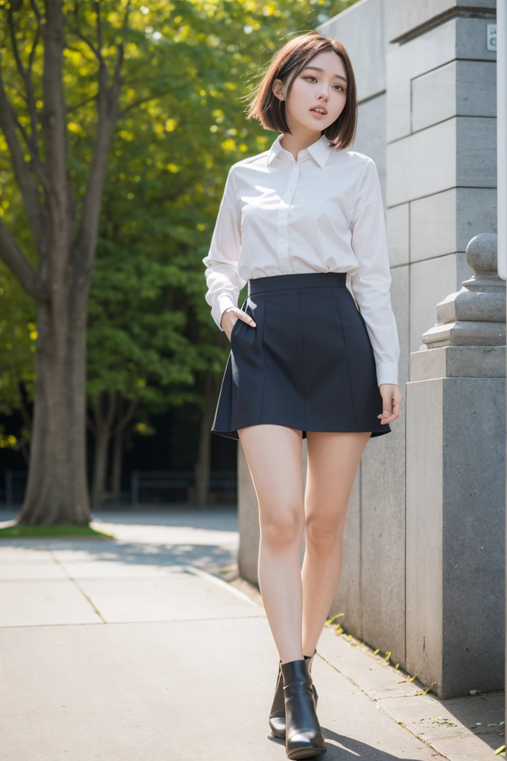 4k, Top quality, 1 beautiful woman, super short Hair, wearing  skirt, Big Laugh, Sunlight, at Park