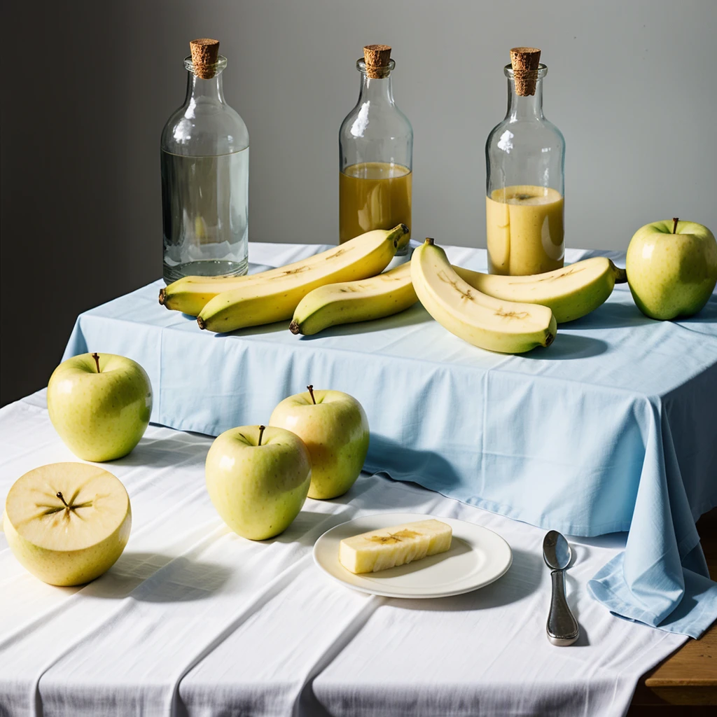 still life, a bottle, two bananas, An Apple. on a table with blue and white tablecloth