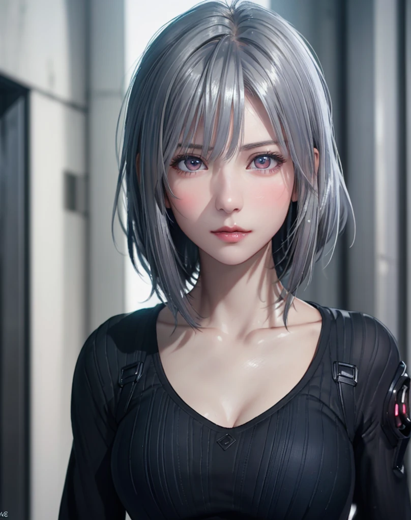 (8K, Photorealistic, Raw photo, of the highest quality: 1.3), (1girl in), Super beautiful, (Realistic face), (boyish, Silver Color Berry Shorthair), Beautiful cyberpunk suit, Glare that captivates the viewer, Beautiful expression, Beautiful breasts, (Realistic skin), Beautiful...