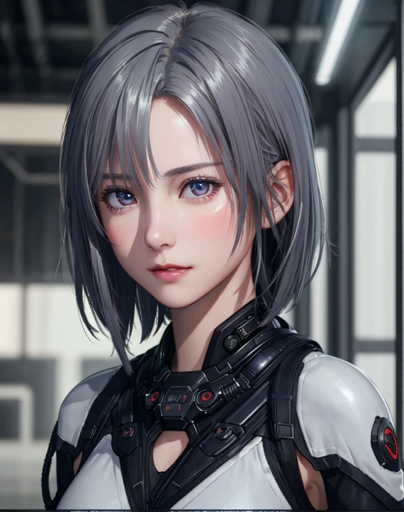 (8K, Photorealistic, Raw photo, of the highest quality: 1.3), (1girl in), Super beautiful, (Realistic face), (boyish, Silver Color Berry Shorthair), Beautiful cyberpunk suit, Glare that captivates the viewer, Beautiful expression, Beautiful breasts, (Realistic skin), Beautiful...