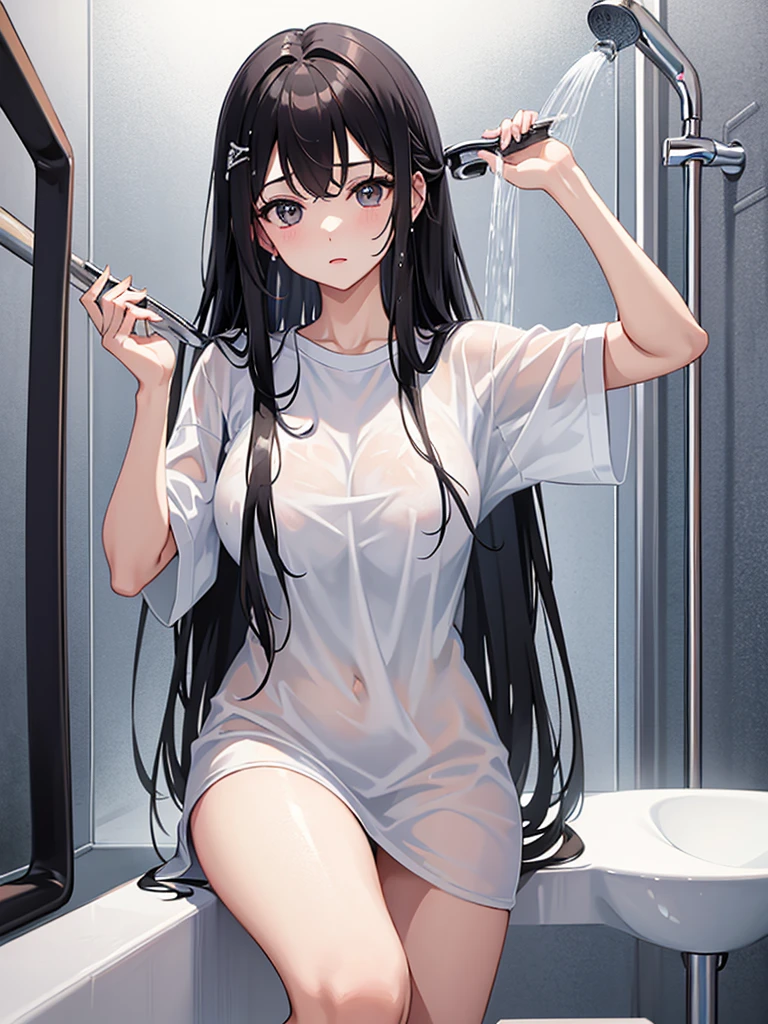 high resolution、high quality、masterpiece、detailed、1 female、Black Hair、Long Hair、White T-shirt、Big Breasts、White panties、shower room、Take a shower head-on、Angle from below、Clothes get wet and become transparent、