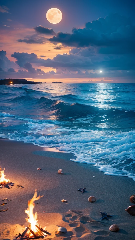 Ocean、Beautiful shells scattered on the beach、Bonfire、Beautiful Blue Moon、8K 、Professional