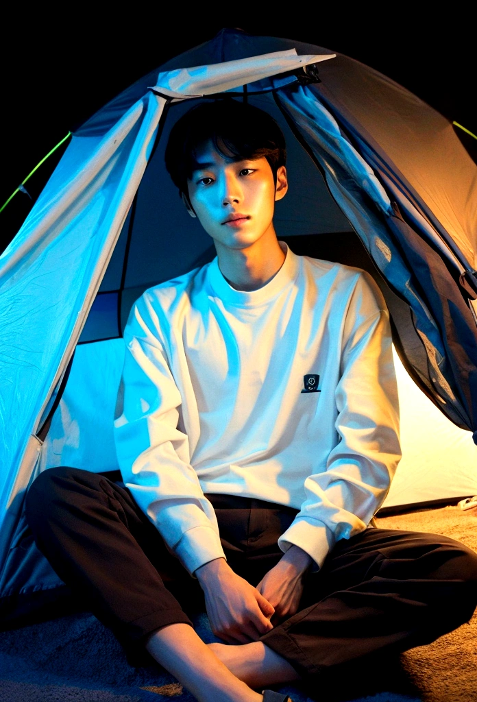 Draw a Korean man sitting in a tent on a dark night
