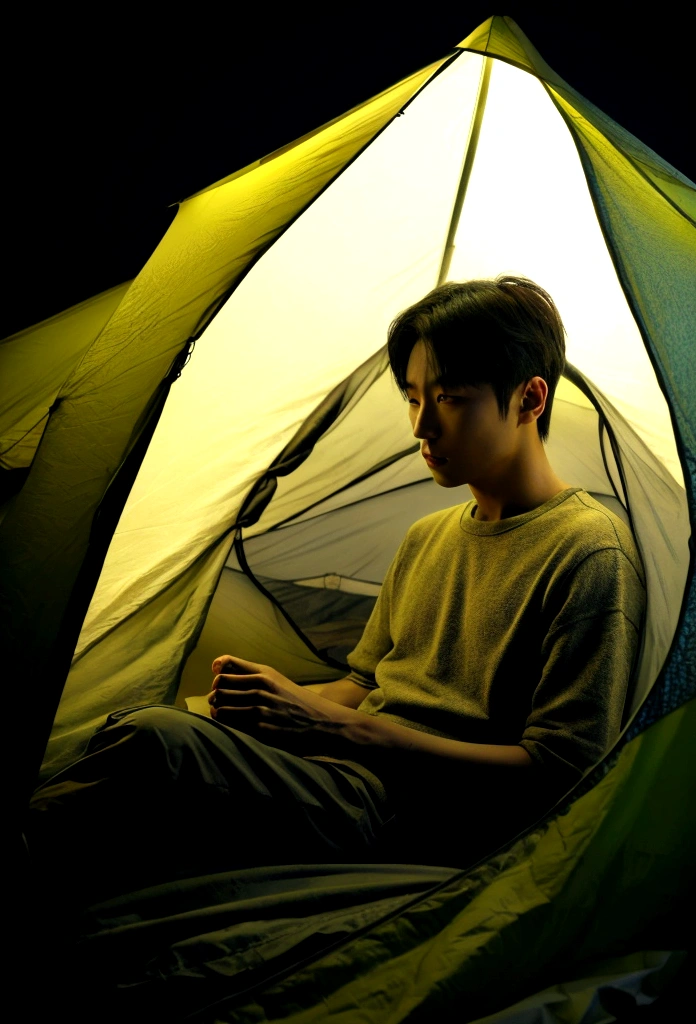 Draw a Korean man sitting in a tent on a dark night