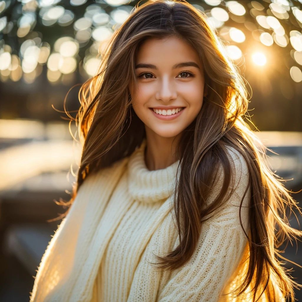 a 19 year old girl with a striking appearance. Her brown hair falls in soft, shoulder-length waves., shining under the light with golden reflections. Seus olhos pretos, deep and expressive, contrast beautifully with your fair skin. She has an average height, with about 1,65 metros de altura, and a slender, graceful figure. His smile is warm and endearing, brightening your face and revealing a friendly, approachable personality.