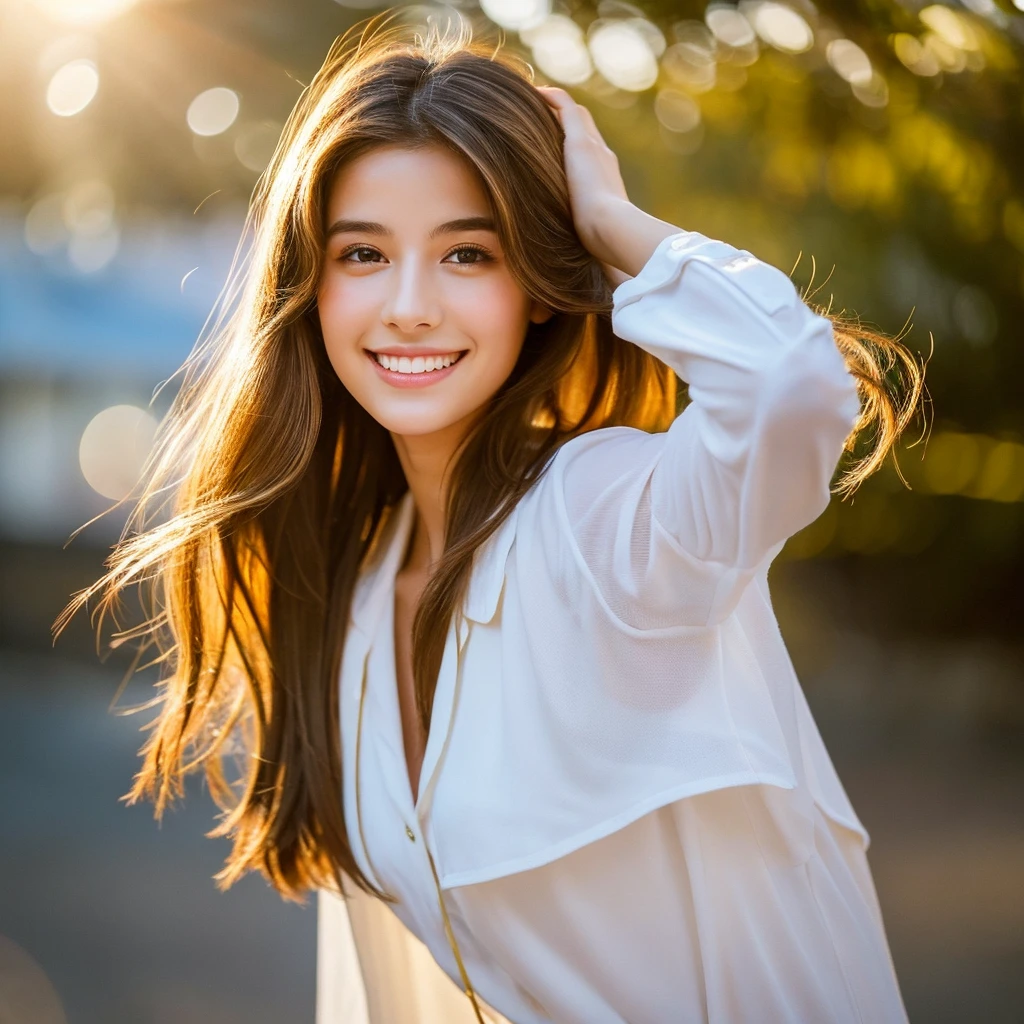 a 19 year old girl with a striking appearance. Her brown hair falls in soft, shoulder-length waves., shining under the light with golden reflections. Seus olhos pretos, deep and expressive, contrast beautifully with your fair skin. She has an average height, with about 1,65 metros de altura, and a slender, graceful figure. His smile is warm and endearing, brightening your face and revealing a friendly, approachable personality.