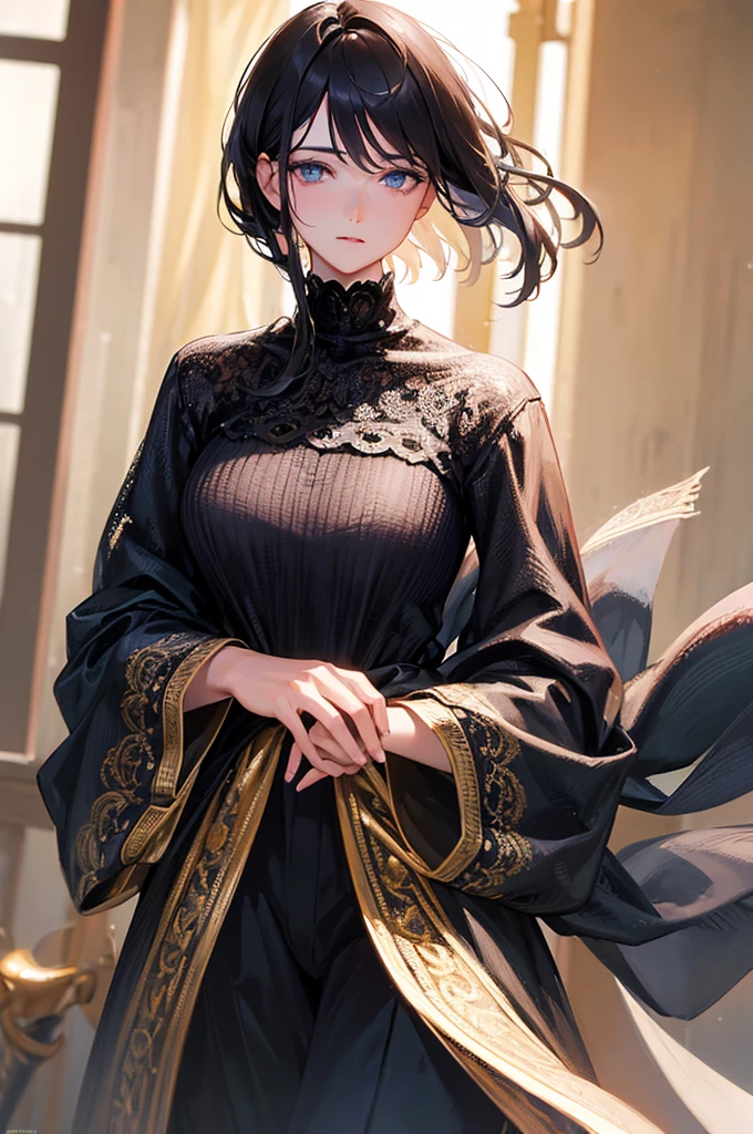 a man with dark black hair, beautiful detailed eyes, beautiful detailed lips, extremely detailed eyes and face, long eyelashes, calm expression, wearing light toned clothes, photorealistic, 8k, best quality, ultra-detailed, realistic, photo-realistic, HDR, UHD, studio lighting, ultra-fine painting, sharp focus, physically-based rendering, extreme detail description, professional, vivid colors, bokeh, portrait
