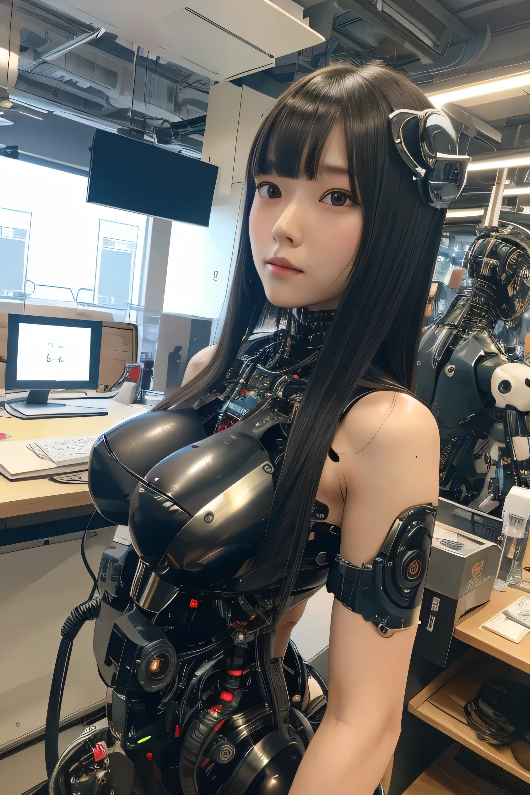 masterpiece, best quality, extremely detailed, Japaese android girl,Plump , control panels,android,Droid,Mechanical Hand, Robot arms and legs, Black hair,Blunt bangs,perfect robot girl,long tube,thick cable connected her neck,android,robot,humanoid,cyborg,japanese cyborg girl ,robot-assembly plant,She is assembling now,assembly scene