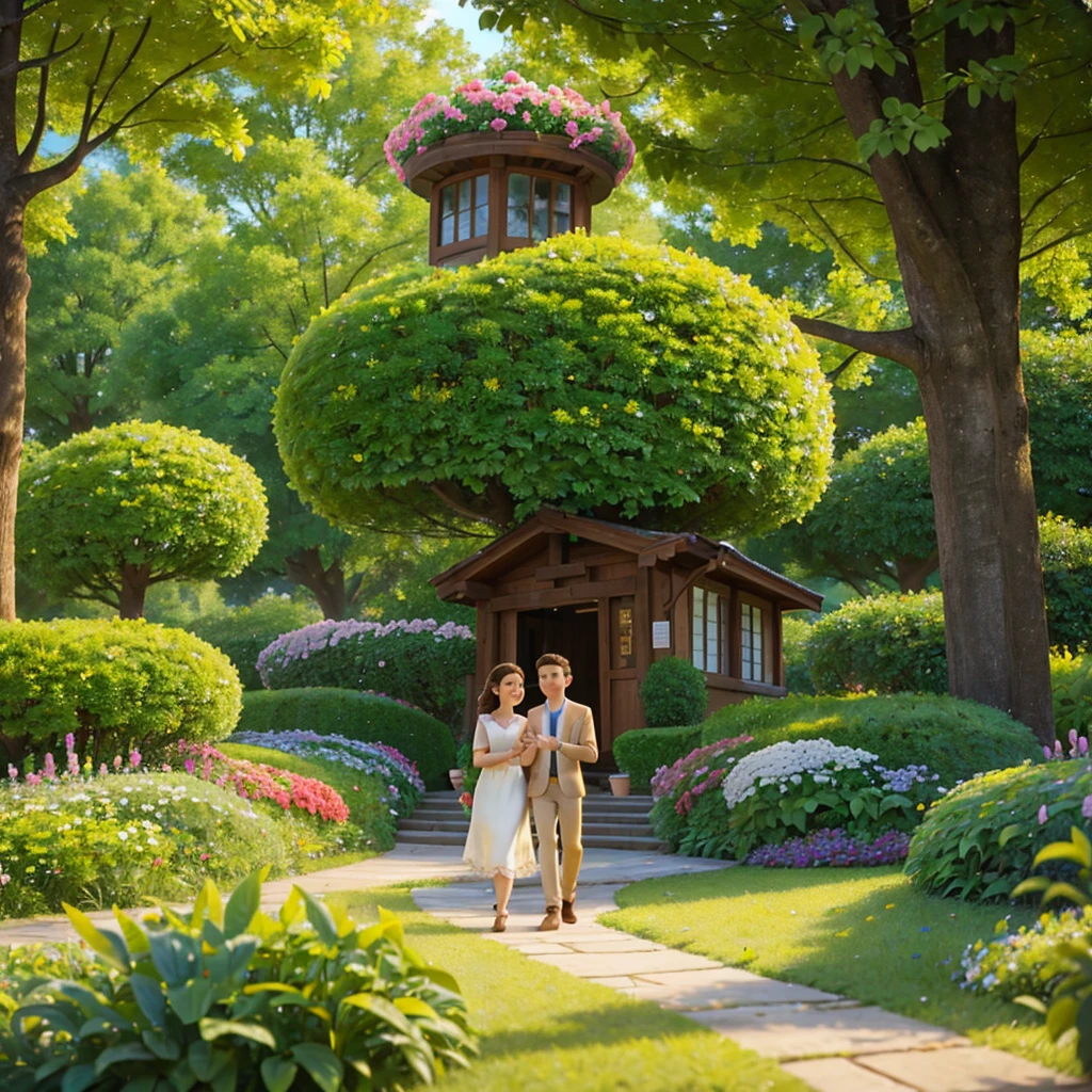 a beautiful young girl and a handsome young boy, smiling happily together in a lush, vibrant flower park, holding hands, embracing, surrounded by colorful blooming flowers, sunlight filtering through the trees, serene and peaceful atmosphere, (best quality,4k,8k,highres,masterpiece:1.2),ultra-detailed,(realistic,photorealistic,photo-realistic:1.37),intricate details, natural lighting, warm color palette, romantic, idyllic, outdoor scene