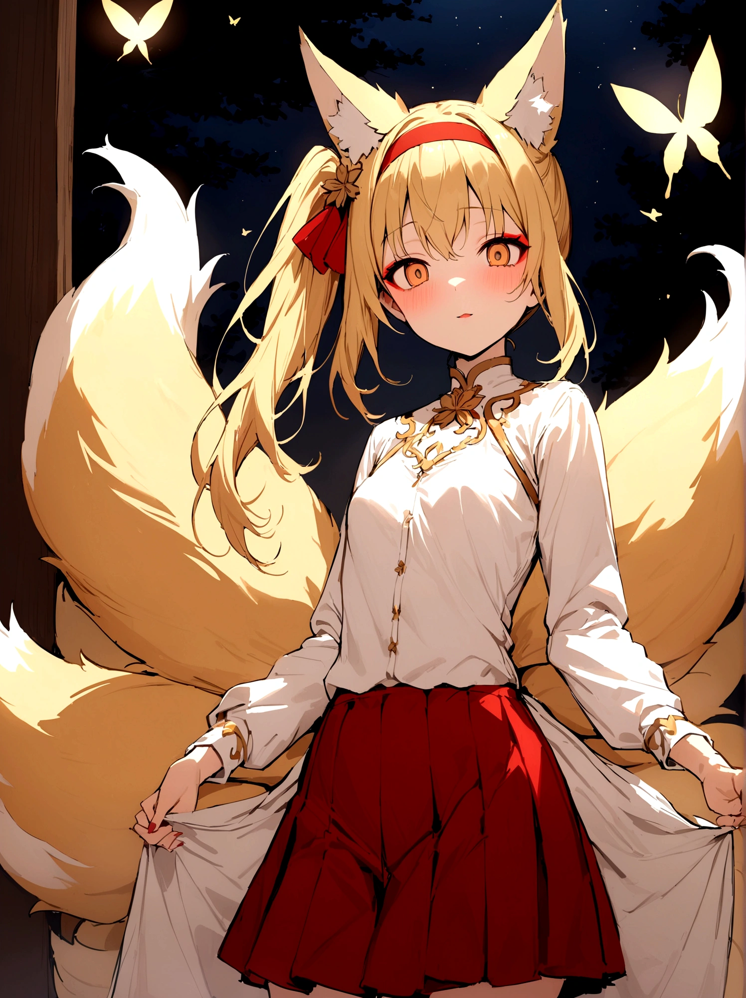 (masterpiece, best quality) junior,detailed, (beautiful,small breasts), blonde,long hair, side ponytail(tied to the left),Hair band decoration with gold butterfly, elegant, (fox ears),nine tailed fox tail, red eyeshadow, golden eyes, femur,white shirt,free,red skirt,cherry blossom tree lake background,girl,NIGHT,yandere face