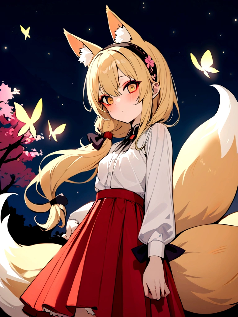 (masterpiece, best quality) junior,detailed, (beautiful,small breasts), blonde,long hair, side ponytail(tied to the left),Hair band decoration with gold butterfly, elegant, (fox ears),nine tailed fox tail, red eyeshadow, golden eyes, femur,white shirt,free,red skirt,cherry blossom tree lake background,girl,NIGHT,yandere face