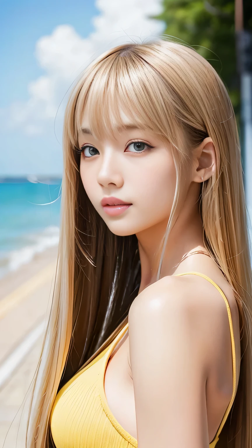 Sexy Big 、Sexy cute looks and cute 15 year old beautiful girl, beautiful and sexy face、A strong wind blows my hair in front of my face、length, Metallic blonde straight hair、beautiful, Cute and sexy eyes hidden behind long bangs。