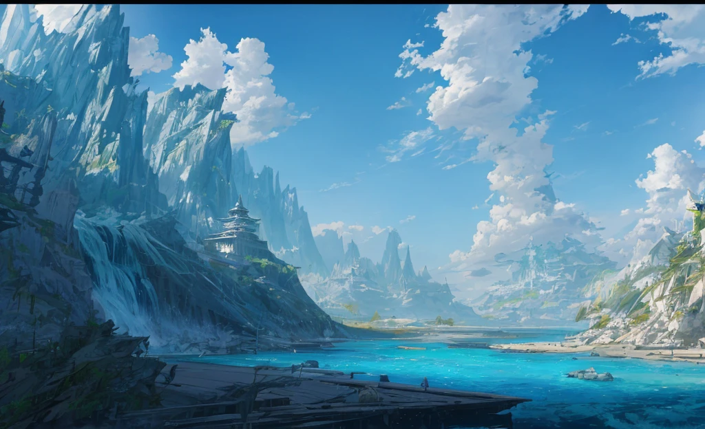 Concept Art, No humans, landscape, water, Sky, sun, Trees, cloud, waterfalls, outdoor, architecture, nature, river, blue Sky