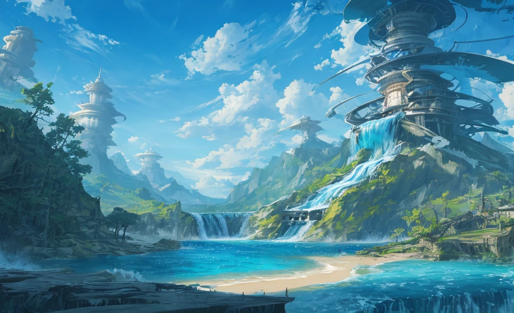 Concept Art, No humans, landscape, water, Sky, sun, Trees, cloud, waterfalls, outdoor, architecture, nature, river, blue Sky