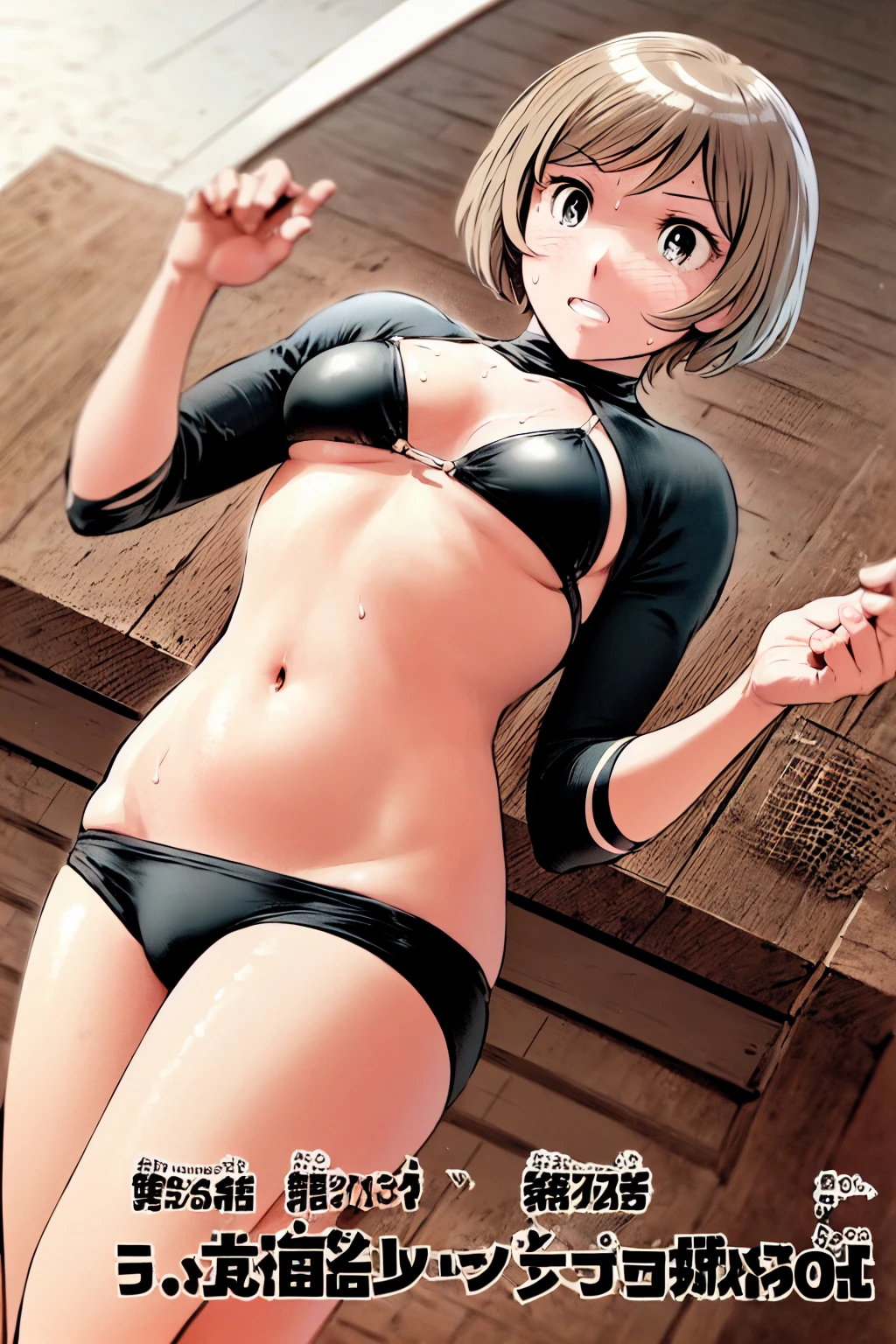 、(masterpiece、Highest quality)、Highest quality, Ultra-high resolution, (((masterpiece))), alone, Sweat、Big eyes, Composition from the front、Shortcuts、Embarrassed face、Bronze colored hair、Cut your hair short、Ocean、beach、Black Micro Bikini、belly button、short hair