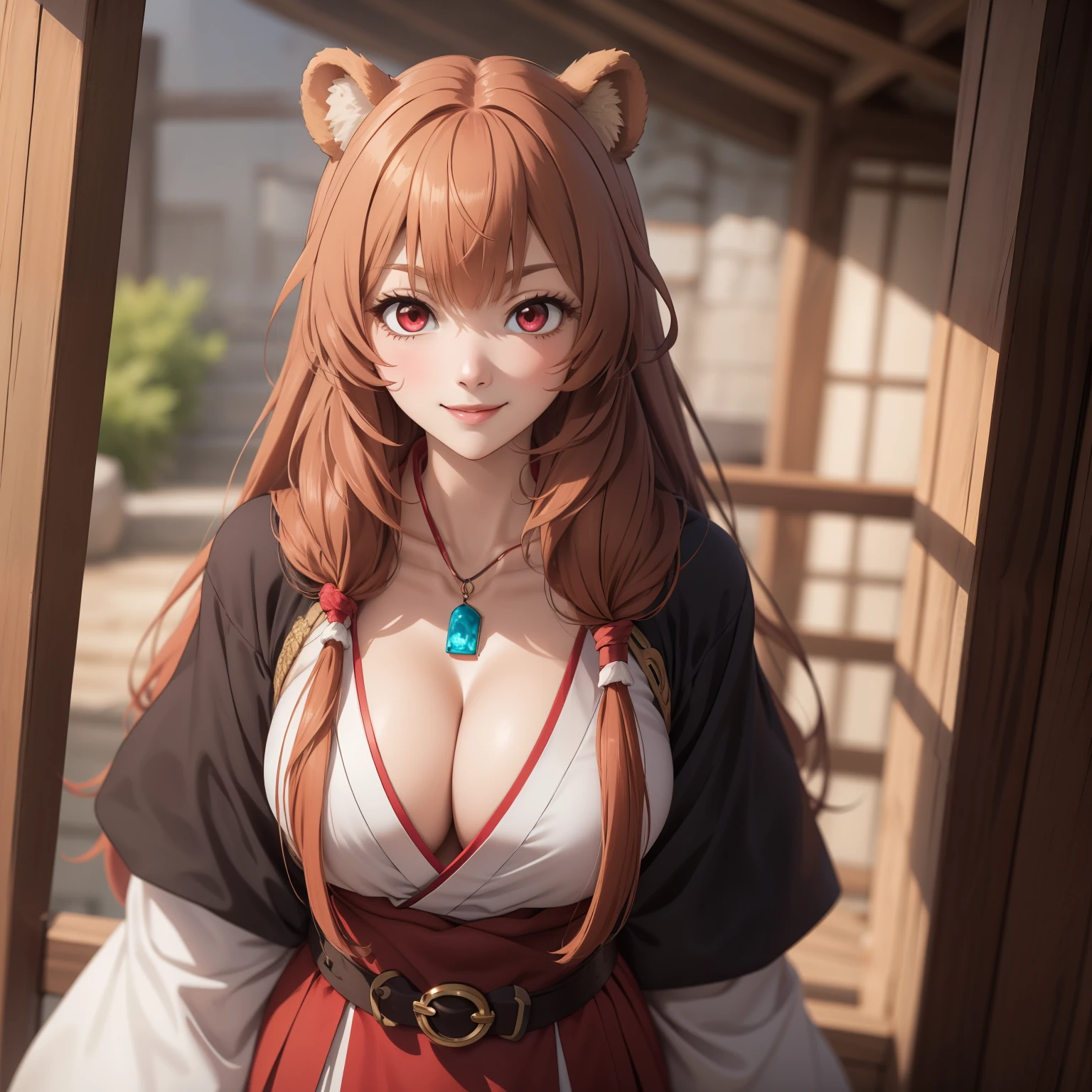 Raphtalia woman 35 years old straight orange hair , bear ears redondeadas, red eyes like ruby., flirtatious smile, pale skin, big breasts, japanese priestess clothing, White and red, pink belt, , bear ears, , background montñas nevadas.
