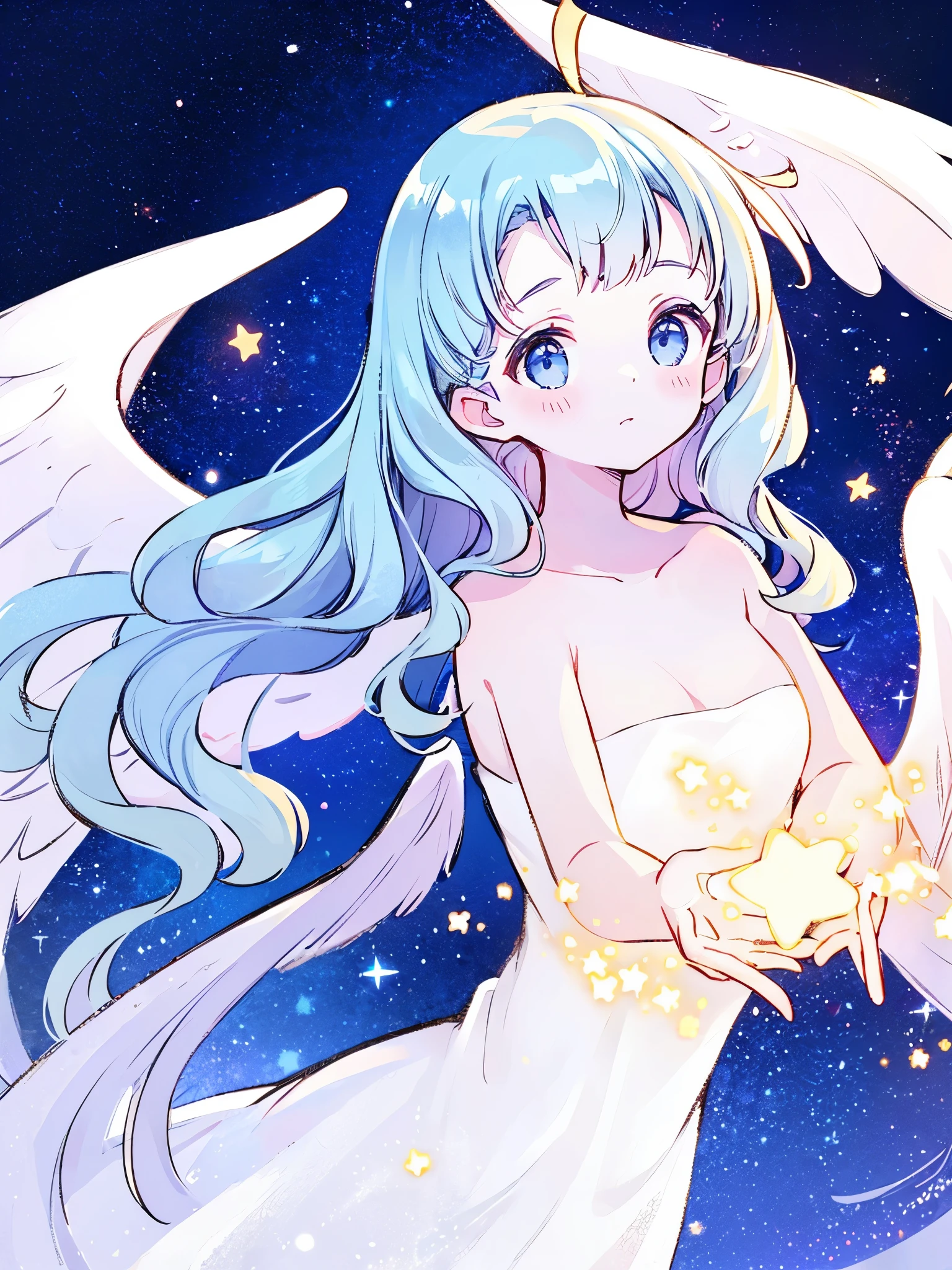 nude angel girl wearing an ethereal translucent dress, pale skin, ((blue mint wavy hair)), white feathers, angel wings, sparkling detailed eyes, golden ratio face, perfect composition, highly detailed, ethereal, (starry night sky background), midjourney style
