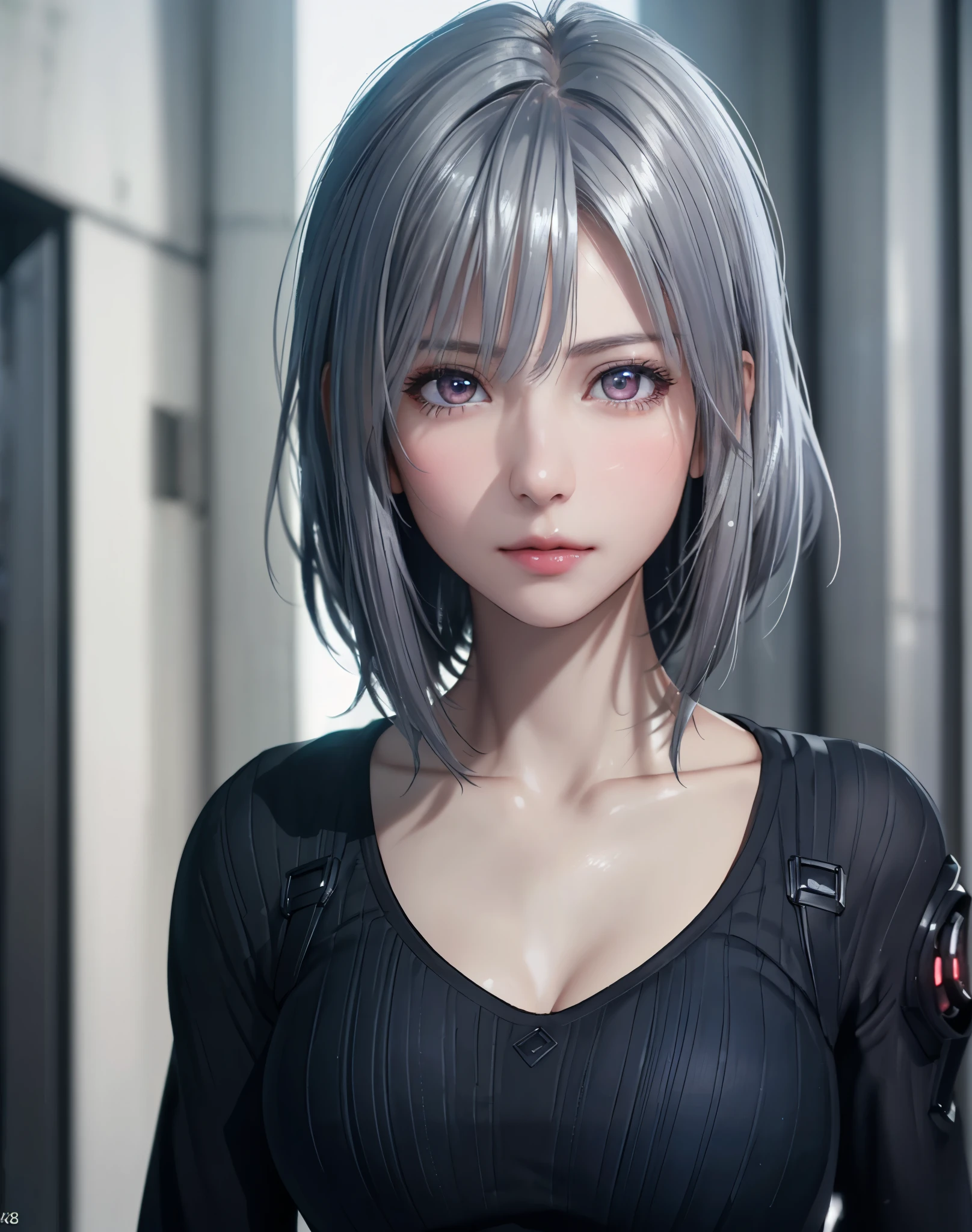 (8K, Photorealistic, Raw photo, of the highest quality: 1.3), (1girl in), Super beautiful, (Realistic face), (boyish, Silver Color Berry Shorthair), Beautiful cyberpunk suit, Glare that captivates the viewer, Beautiful expression, Beautiful breasts, (Realistic skin), Beautiful...