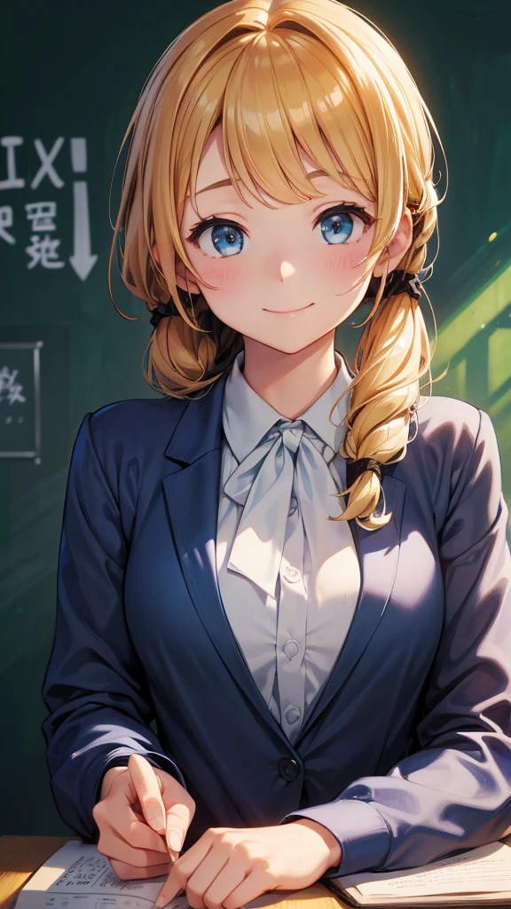 High resolution、High resolution、high quality、masterpiece、1 female、Ellen Baker、School teacher、blonde、blue eyes、Light blue suit、School classroom、Cute pose、blackboard、smile、((Depiction of only the upper body))、((Close-up of a woman))