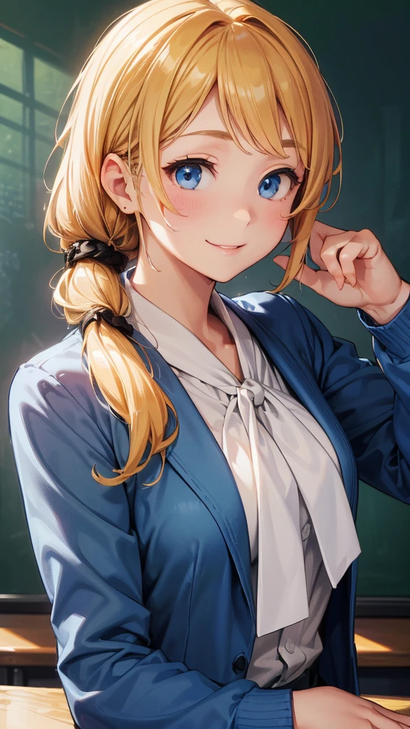 High resolution、High resolution、high quality、masterpiece、1 female、Ellen Baker、School teacher、blonde、blue eyes、Light blue suit、School classroom、Cute pose、blackboard、smile、((Depiction of only the upper body))、((Close-up of a woman))