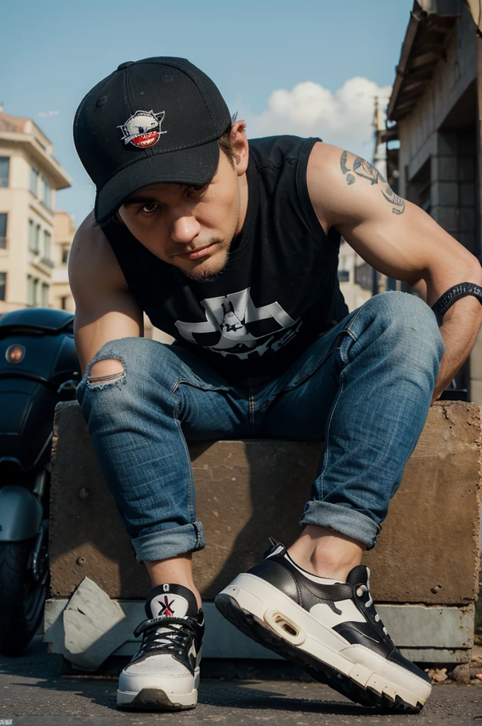 cartoon caricature with a big head of a man wearing a black cap/cap, ripped jeans,sepatu jordan air,, sitting on a classic Vespa motorbike,a solid and clean background ,Disney pixar 3D characters, masterpiece, soft lighting very detailed,UHD 16K, bird's eye shot