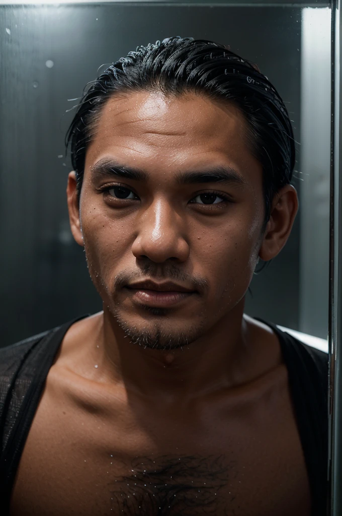 Black and white sketch portrait behind frosted glass of a handsome Indonesian man with friendly lips, droopy eyes, sharp nose, wearing black clothes, udeng bali,White hair, while posing as a model there is a blue signature "moreover" bottom corner of the picture.photographer.ULTRA HIGH DSLR MEDIUM
