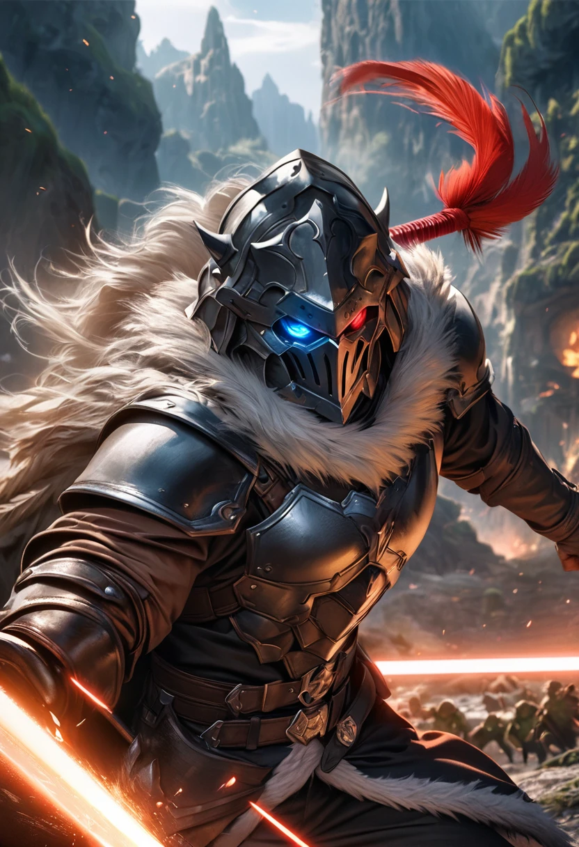 perfect hands, perfect finger,perfect anatomy, masterpiece, best quality,realistic, hyperrealistic, 16k hdr,1 muscular man,,goblin slayer, armor, helmet, blue glowing eye, plume, fur collar, (Lightsabers,shield:1.3),fantasy world,outdoor,fighting pose,dynamic pose,upper body