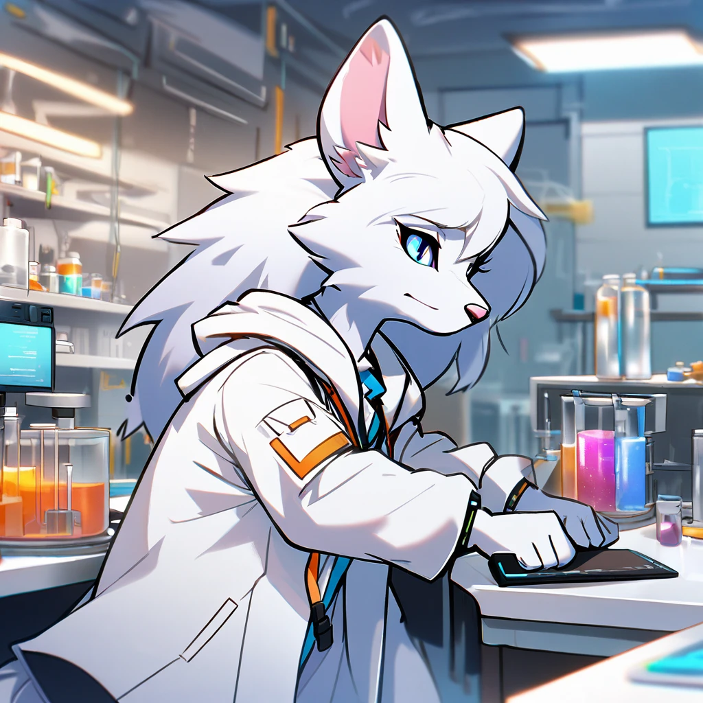 1girl,solo,furry, furry_female,researcher,laboratory,wearing a white coat,