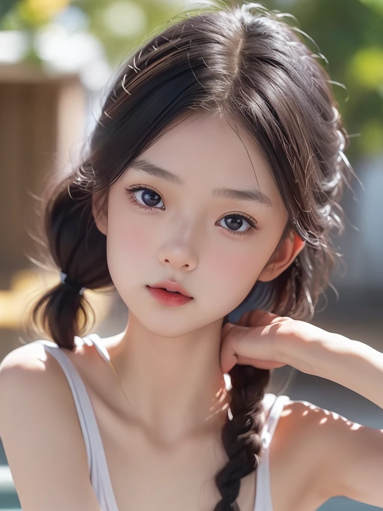 One Girl,(1人のとてもcute女の子:1.3),masterpiece,Highest quality,High resolution,From below,Low - Angle,Photorealistic,RAW Photos,Ray Tracing,beautiful girl,(15 years old:1.3),cute,Big eyes,(detailed pupils:1.2),(The face is facing straight ahead:1.3),Body facing forward,Beautiful nose,High nose,Upturned nose,Fuller lips,Short black hair,ponytail,short hair,Detailed eyelashes,Thin eyebrows,Very fine grain definition,(Symmetrical eyes,Golden Ratio:1.3),(Face close-up,Face Focus:1.0),Small breasts,Short neck,White swimsuit,White Bikini,The background is the sea,Southern Island,sunset,Sunset,Portrait,View Viewer,Upper Body,Cinema Lighting,High resolution,Very detailed