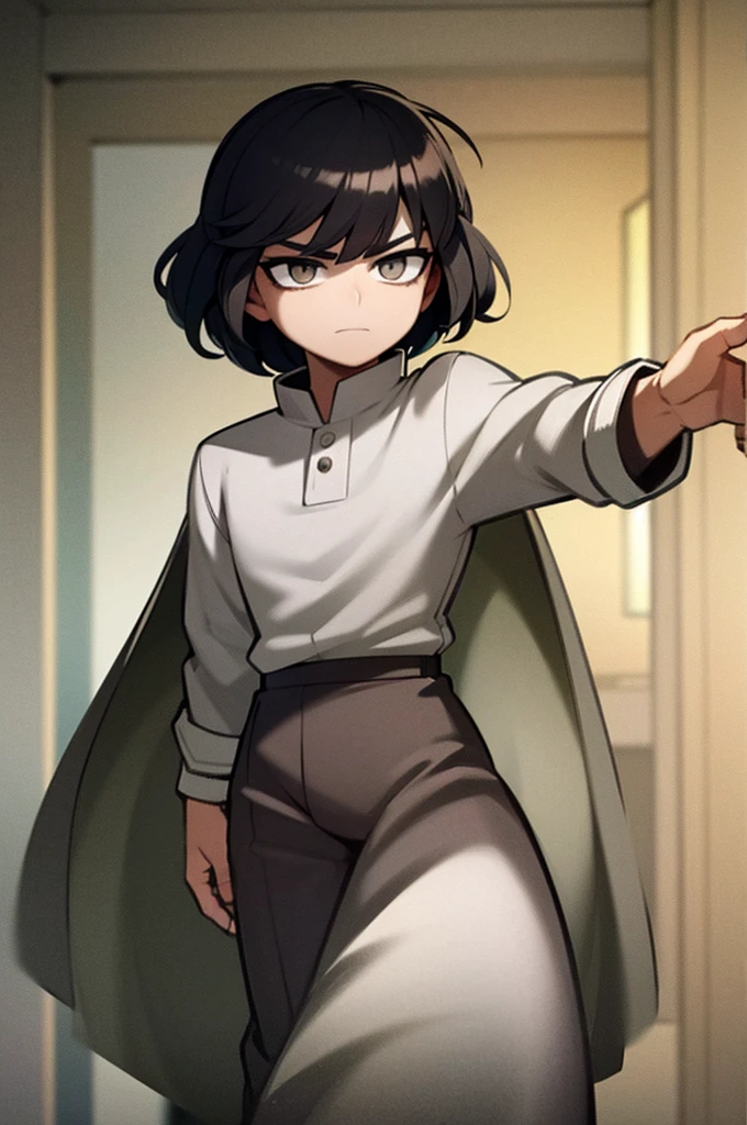 a man character with dark black hair, white eyes, wear clothes in light tones, a calm appearance and no facial expression