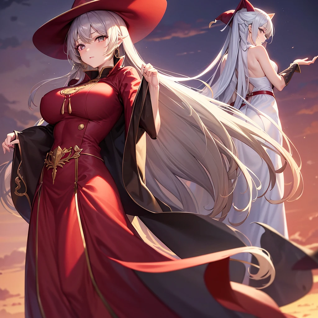 Women1people。witch。Big Breasts。glamorous body。Silver-haired half-up。Golden Eyes。Put on a red robe。Wearing a big red hat。Black top inner。, beautiful long dress, brown Clothes, dusk, dusk sky, sunset,Free Pose。Low - Angle