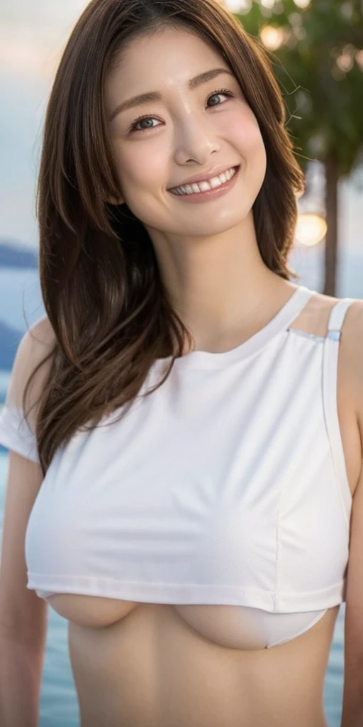 Highest quality, masterpiece, (Realistic:1.2), (uetoaya), smile, Backlight, Silhouette Lighting, Shirt lift, Tomboy, Brown long hair, Hair on one eye, Underboob, front, Detailed face, Beautiful Eyes, Oily skin, Sweat a lot, Fitted, bikini, whole body, Santorini, Greece