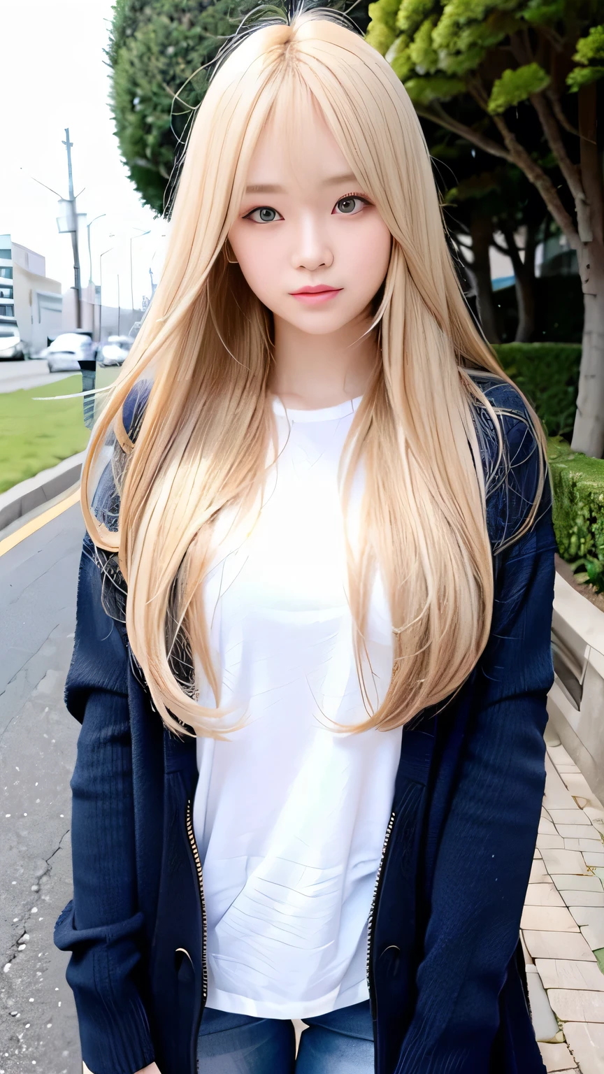 Sexy Big 、Sexy cute looks and cute 15 year old beautiful girl, beautiful and sexy face、A strong wind blows my hair in front of my face、length, Metallic blonde straight hair、beautiful, Cute and sexy eyes hidden behind long bangs。