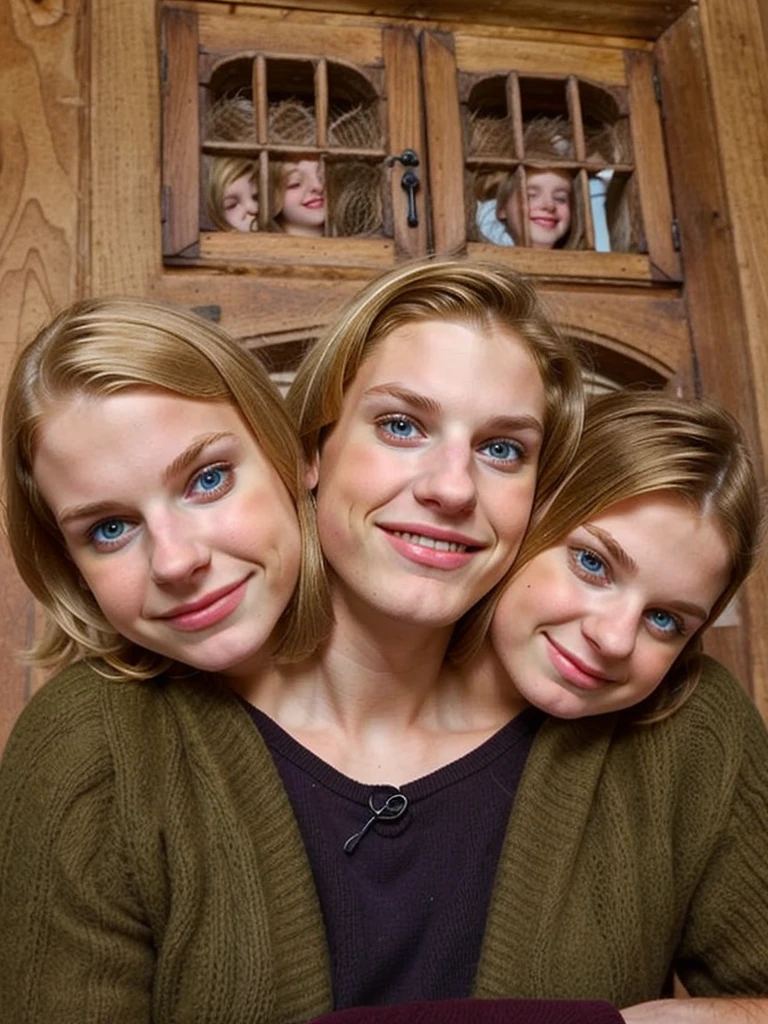 3heads, (one head adult:1.5), (one head teen:1.5), (one head child:1.5), (blonde:1.2)