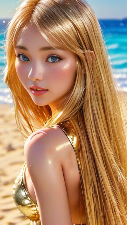 she has beautiful small eyes and long natural eyelashes, she has small but little full rose lips, high quality, 8K Ultra HD, a woman in a bikini posing on a beach with a blue ocean in the background, shiny golden bikini, gold transparent bikini, gorgeous bikini model, smooth golden skin, in a gold one piece swimsuit, backview, shiny gold, photo from behind, blonde goddess, blonde, on a sunny beach, bikini model, jaw dropping beauty, draped in shiny golden oil