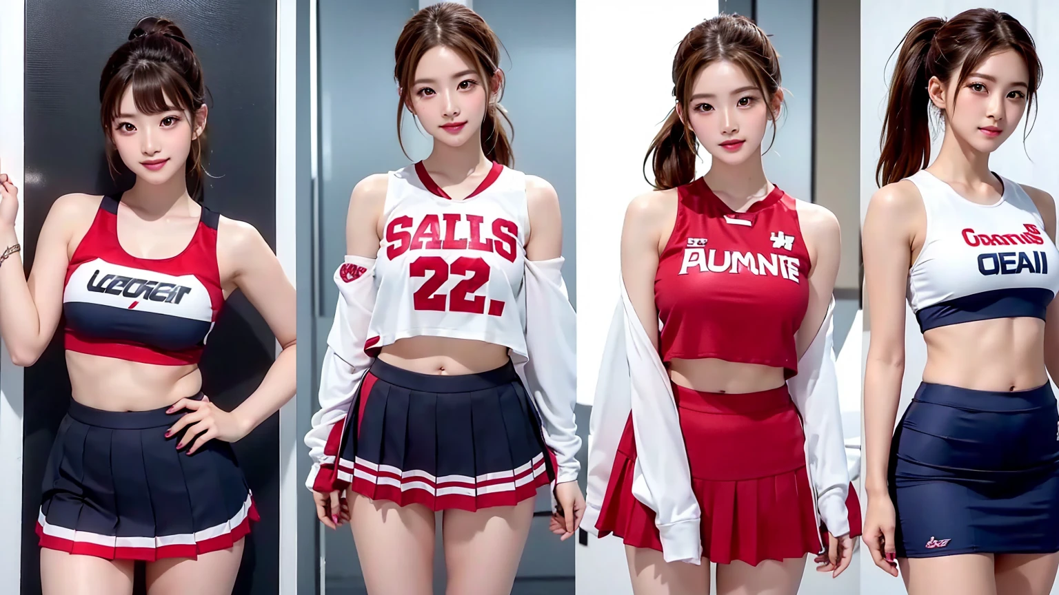 ((最high quality, 8K, masterpiece: 1.3, Ultra HD, high quality, 最high quality, High resolution, realism)) 、A very beautiful 22 year old Japanese woman、Idium Hair、Straight hair、smile、Slim but well-proportioned body、Athlete-like figure、I want to keep my head out of the screen.、Wear accessories on your wrist、Put an anklet on your ankle、Wearing red nail polish、Having a pedicure、Being a cheerleader, They dance the cheer dance、mini skirt、ponytail