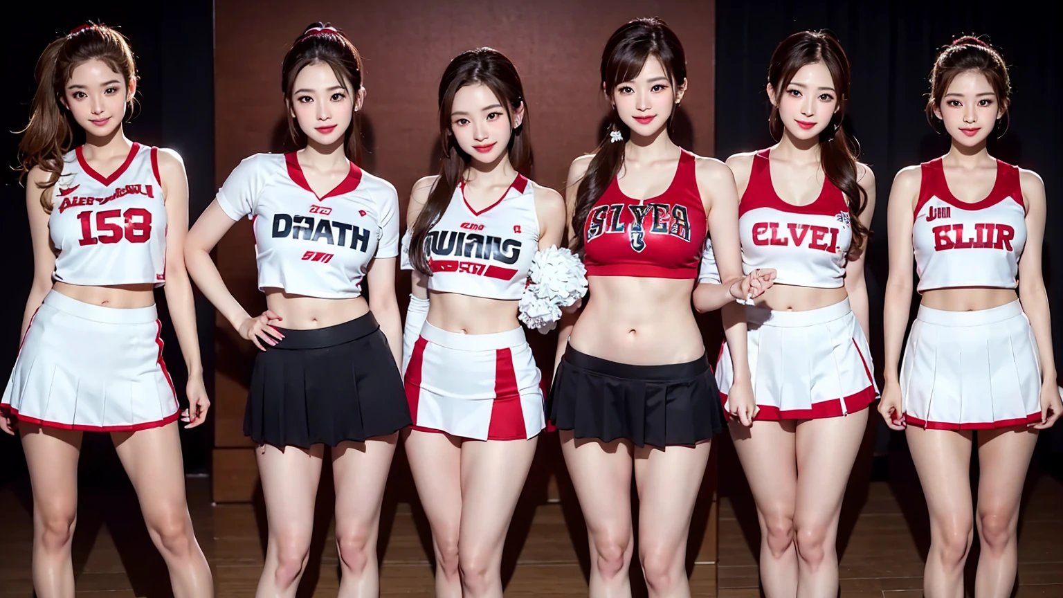 ((最high quality, 8K, masterpiece: 1.3, Ultra HD, high quality, 最high quality, High resolution, realism)) 、A very beautiful 22 year old Japanese woman、Idium Hair、Straight hair、smile、Slim but well-proportioned body、Athlete-like figure、I want to keep my head out of the screen.、Wear accessories on your wrist、Put an anklet on your ankle、Wearing red nail polish、Having a pedicure、Being a cheerleader, They dance the cheer dance、mini skirt、ponytail