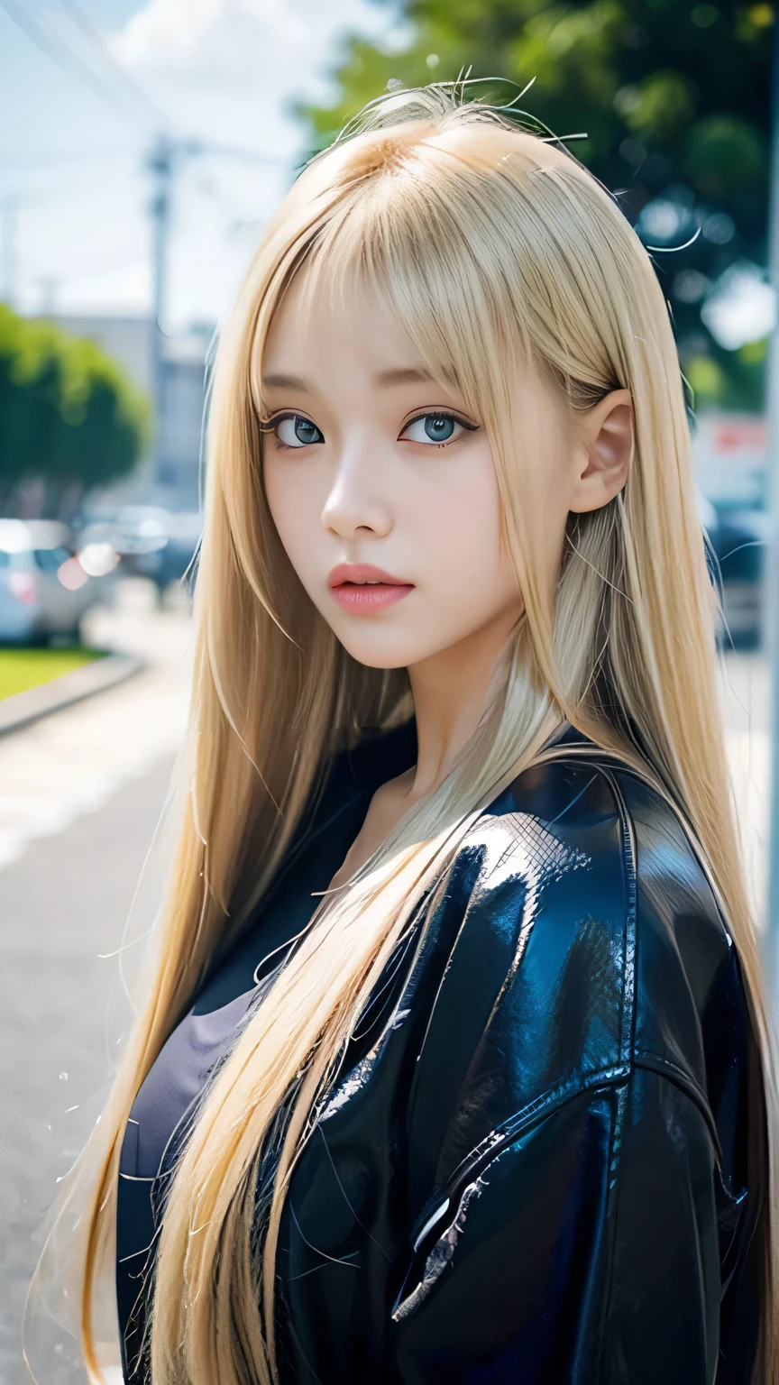 Sexy Big 、Sexy cute looks and cute 15 year old beautiful girl, beautiful and sexy face、A strong wind blows my hair in front of my face、length, Metallic blonde straight hair、beautiful, Cute and sexy eyes hidden behind long bangs。
