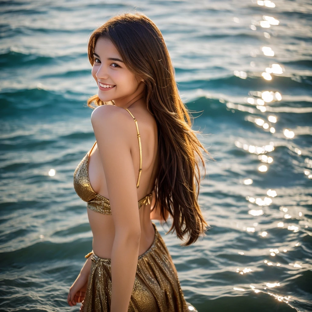 a 19 year old girl with a striking appearance. Medium breasts and brown hair fall in soft waves to shoulder length, shining under the light with golden reflections. Seus olhos pretos, deep and expressive, contrast beautifully with your fair skin. She has an average height, with about 1,65 metros de altura, and a slender, graceful figure. His smile is warm and endearing, brightening your face and revealing a friendly, approachable personality.