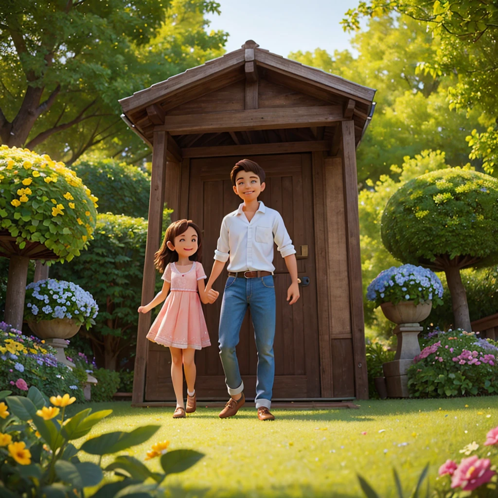 a beautiful young girl and a handsome young boy, smiling happily together in a lush, vibrant flower park, holding hands, embracing, surrounded by colorful blooming flowers, sunlight filtering through the trees, serene and peaceful atmosphere, (best quality,4k,8k,highres,masterpiece:1.2),ultra-detailed,(realistic,photorealistic,photo-realistic:1.37),intricate details, natural lighting, warm color palette, romantic, idyllic, outdoor scene