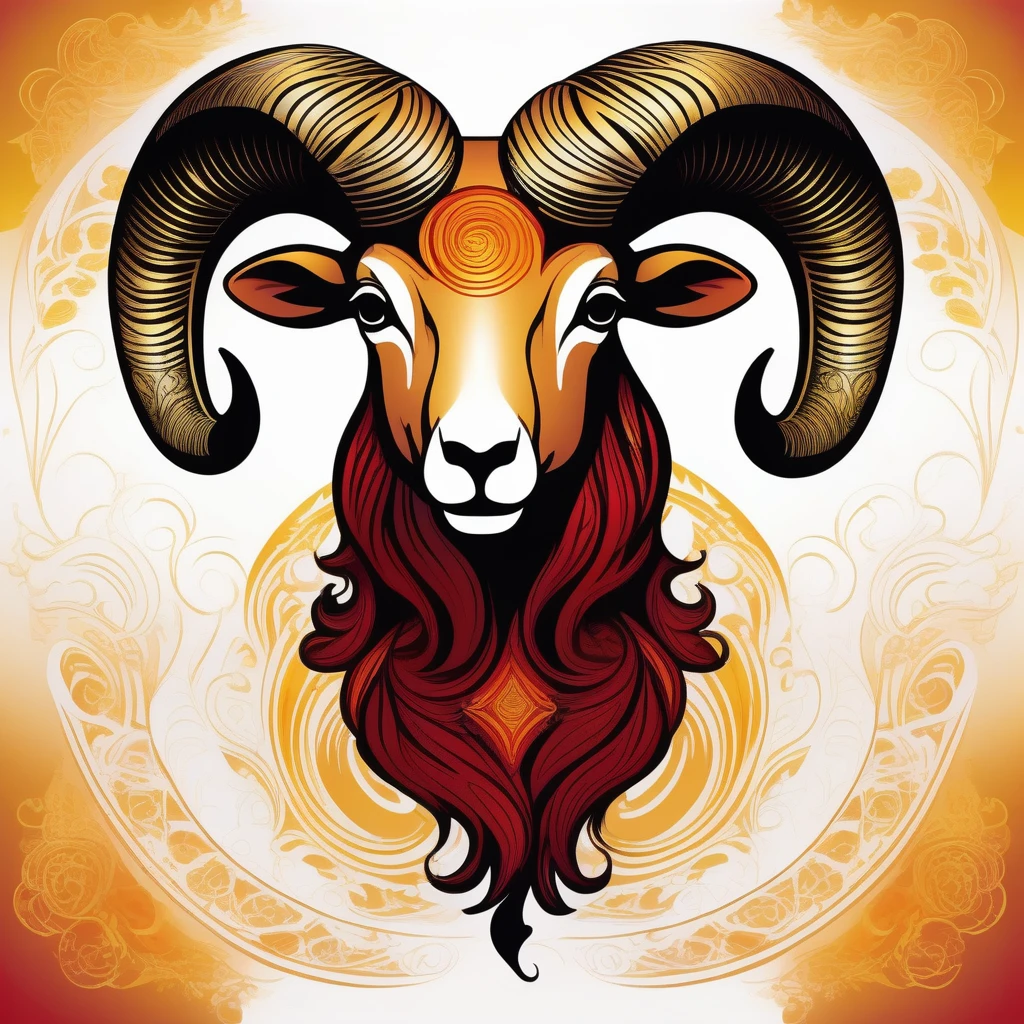 Fierce ram composed of flame patterns, Art Nouveau-inspired linework, passionate and dynamic, flickering fire illumination, intricate swirling designs, gradient of warm yellows to deep reds, centered chest and upper back print, embossed metallic effect, elemental zodiac collection, T-shirt design graphic, vector, contour, white background