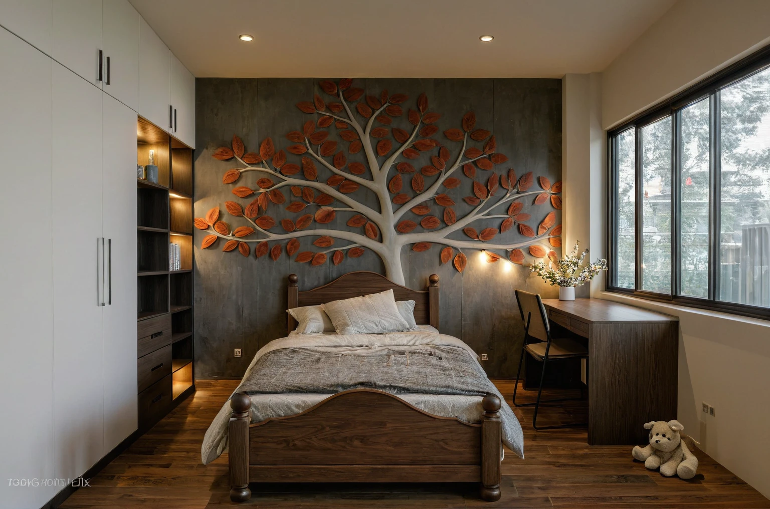 Raw photo, Masterpiece, high quality, best quality, authentic, super detail, interior, indoors,  style modern, minimalist line, wooden, dark walnut wood, LED light, white paint wall, LIVING ROOM, PEN HOUSE, wooden window, japan style, wasabi style, Jen style, steel stair, glass railing, paint wall decor, bookshelf, livingroom, Indochine style, child room, 