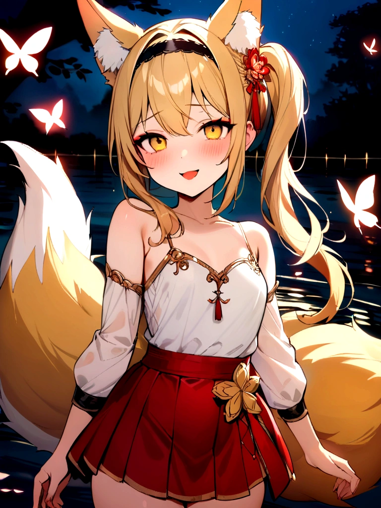 (masterpiece, best quality) junior,detailed, (beautiful,small breasts), blonde,long hair, side ponytail(tied to the left),Hair band decoration with gold butterfly, elegant, (fox ears),nine tailed fox tail, red eyeshadow, golden eyes, femur,white shirt,free,red skirt,cherry blossom tree lake background,lake illuminated by moonlight,girl,NIGHT,yandere face